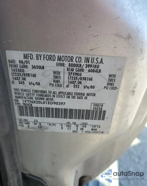 2001 Ford F250 Super Duty from USA, damaged, VIN 1FTNX20L01ED90397